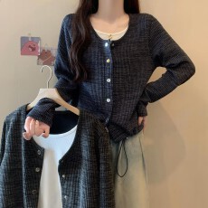批发实拍 大码秋<b class='q'>冬</b>新款韩版小清新拼接假两件圆领休闲百搭抽绳开衫