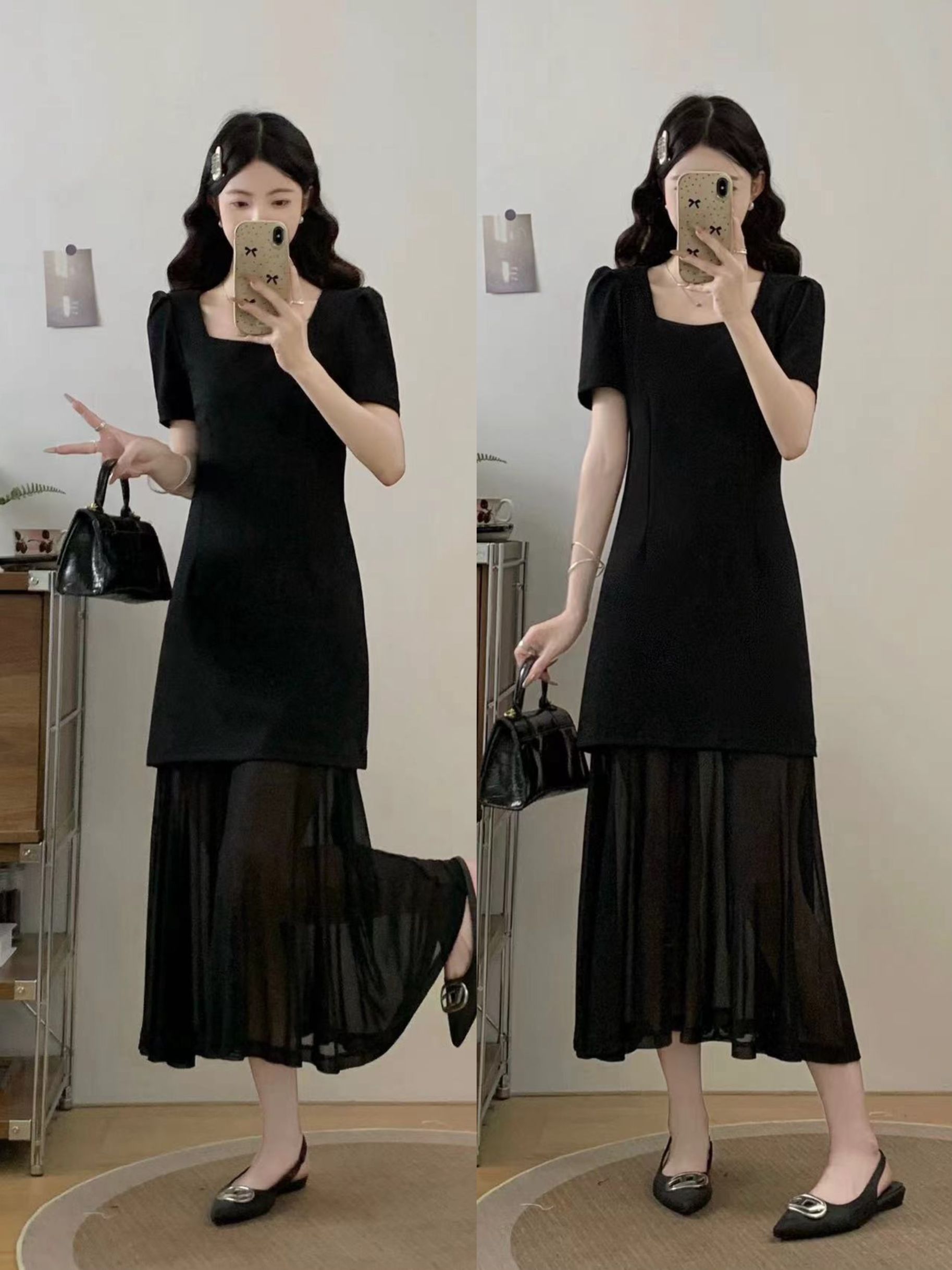 실사 광장 칼라 거품 소매 검정색 여성 드레스 유럽 상품 여름 패션 허리 수축 슬림해 보이는 망사 패치워크 길다 치마