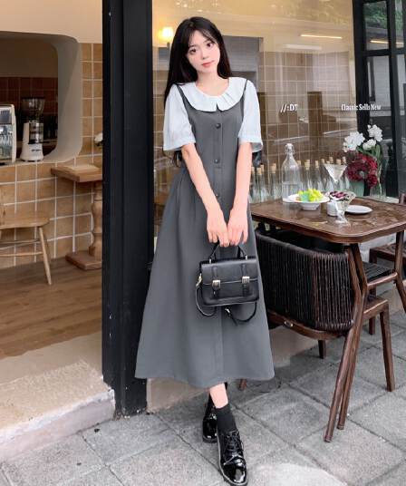 실사 빅 사이즈 페이크 레이어드 드레스 여름 새로운 프랑스식 그는 벤 바람 치마 허리 수축 슬림해 보이는 반팔 셔츠 드레스