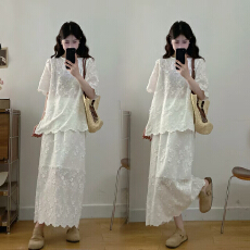 批发温柔风气质提花镂空短袖套装女2026夏季大码胖MM上衣半身裙两件套