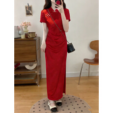 批发实拍大码送考旗袍新中式红色订婚礼服改良旗袍<b class='q'>夏</b>新款平时可穿