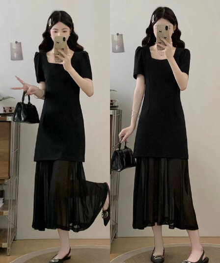 실사 그는 벤 바람 광장 칼라 여성 드레스 여름 2026 새로운 고급 센스 망사 패치워크 품격 슬림해 보이는 치마