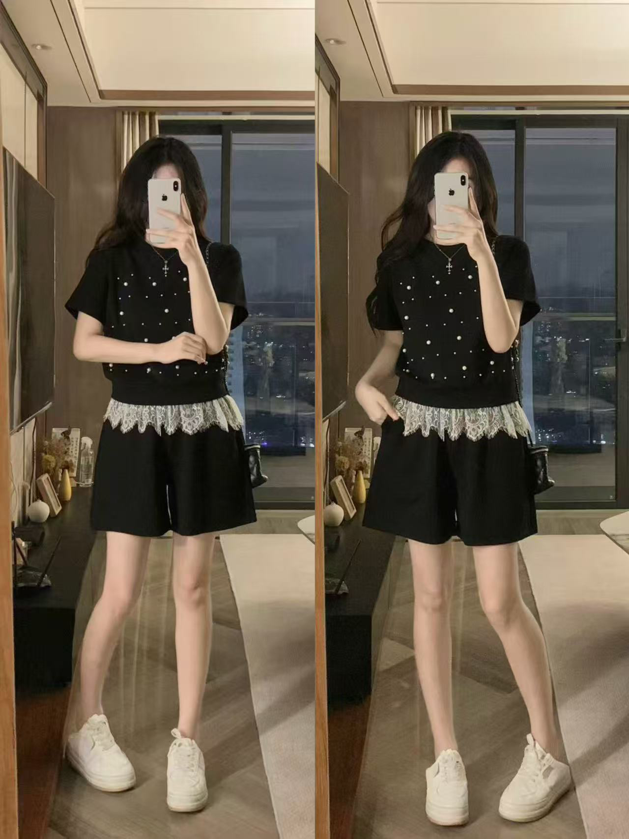 실사 작은 샤넬 스타일 세련된 운동복 세트 여성 2026 여름 새로운 맨위 넓은 다리가 짧다. 바지 투피스 세트