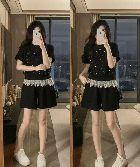실사 작은 샤넬 스타일 세련된 운동복 세트 여성 2026 여름 새로운 맨위 넓은 다리가 짧다. 바지 투피스 세트