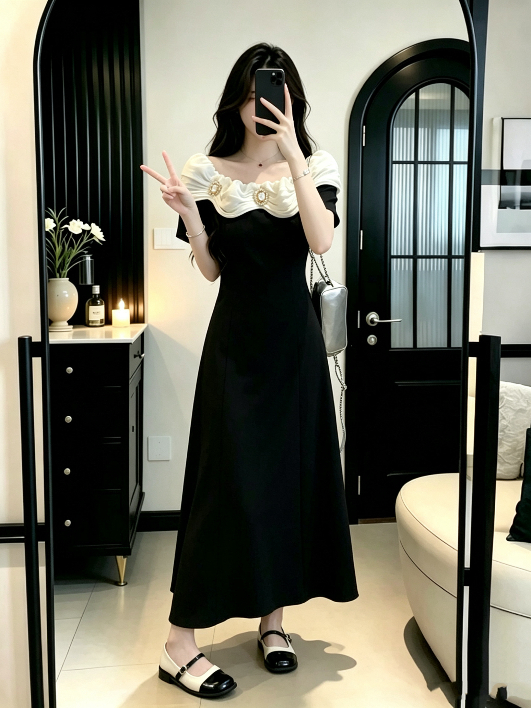 실사 빅 사이즈 천 골드 명문 여성 오프숄더 반팔 여성 여름 프랑스식 사소한 외국 가스 Chic 아름다운 작은 검은 드레스