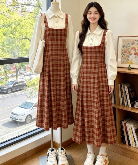 빅 사이즈 프랑스식 디자인 센스 슬림해 보이는 체크무늬 베이비 칼라 드레스 새로운 페이크 레이어드 패치워크 롱 스커트