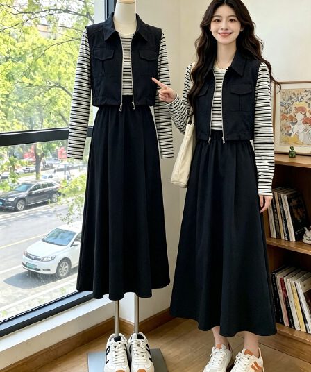 빅 사이즈 여성 의류 2026 가을 슈퍼 화재 코디 전체 집합 소금 부서 튀김 거리 블루 색상 베스트 반신 스커트 투피스 세트