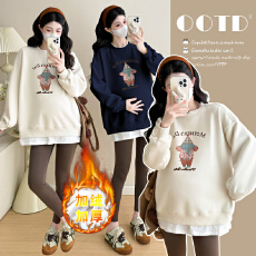 批发实拍 加绒加厚秋冬印花假两件孕妇卫衣打底上衣