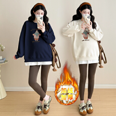 批发实拍 加绒加厚秋冬印花假两件孕妇卫衣打底上衣