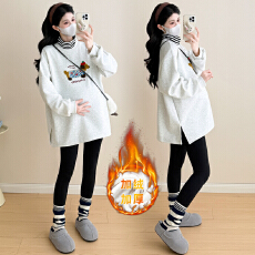 批发实拍 加绒加厚秋冬季假两件拼接高领卡通刺绣宽松孕妇装卫衣上衣