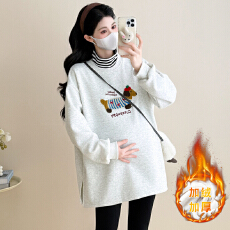 批发实拍 加绒加厚秋冬季假两件拼接高领卡通刺绣宽松孕妇装卫衣上衣