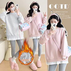 批发实拍 加绒加厚孕妇装新款慵懒风假两件刺绣卫衣宽松显瘦遮肚上衣