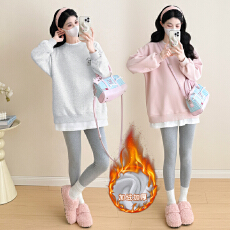 批发实拍 加绒加厚孕妇装新款慵懒风假两件刺绣卫衣宽松显瘦遮肚上衣