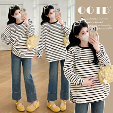 批发实拍 春季<b class='q'>百搭</b>新款<b class='q'>孕妇</b><b class='q'>休闲</b>条纹刺绣笑脸T恤宽松潮妈大码卫衣