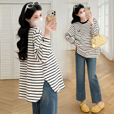 批发实拍 春季<b class='q'>百搭</b>新款<b class='q'>孕妇</b><b class='q'>休闲</b>条纹刺绣笑脸T恤宽松潮妈大码卫衣