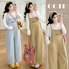 批发实拍 春季新款刺绣洗水棉布<b class='q'>百搭</b>宽松可调节<b class='q'>孕妇</b><b class='q'>背带裤</b>