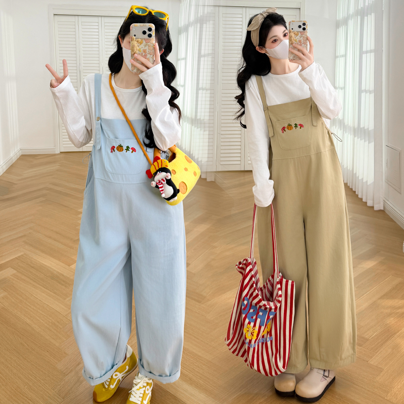 실사 봄 새로운 자수 워시 물 면직물 다용도 루즈핏 수 있습니다. 조정 임산부 멜빵 바지