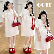 批发实拍 夏季新款大码蝴蝶结T恤女夏季新款宽松圆领显瘦孕妇连衣裙