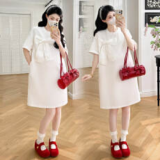 批发实拍 夏季新款大码蝴蝶结T恤女夏季新款宽松圆领显瘦孕妇连衣裙