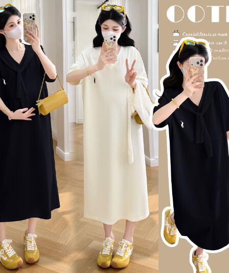 실사 봄 여름 새로운 자수 한국 스타일 캐주얼 표지 배 슬림해 보이는 롱 코트 임산부 점프 슈트 치마 숄
