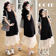 批发实拍xian货新款孕妇装撞色短袖高级拼接天丝蕾丝刺绣连衣裙夏装