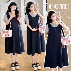 批发实拍xian货夏季减龄拼接假两件宽松显瘦气质中长款圆领连衣裙