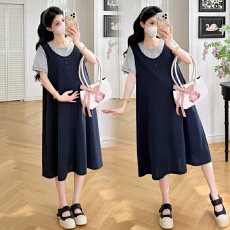批发实拍xian货夏季减龄拼接假两件宽松显瘦气质中长款圆领连衣裙