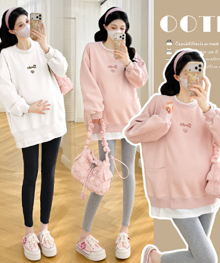 실사 가을 칫솔 자수 후아 면 복합 삽입 주머니 페이크 레이어드 루즈핏 빅 사이즈 재킷 임산부 후드티
