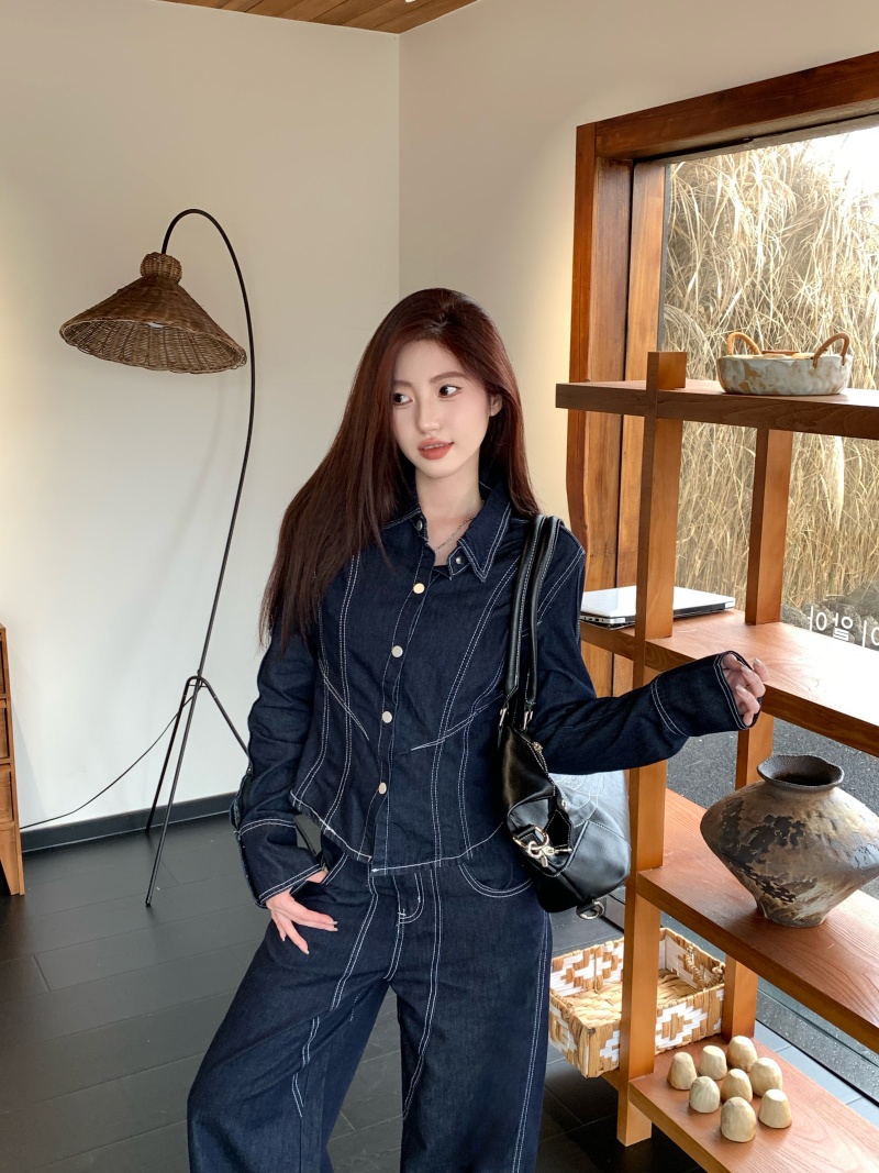 실사 정가 디자인 센스 데님 몸매 가꾸기 셔츠 2026 봄 새로운 긴팔 재킷 넓은 다리 길이 바지 세트