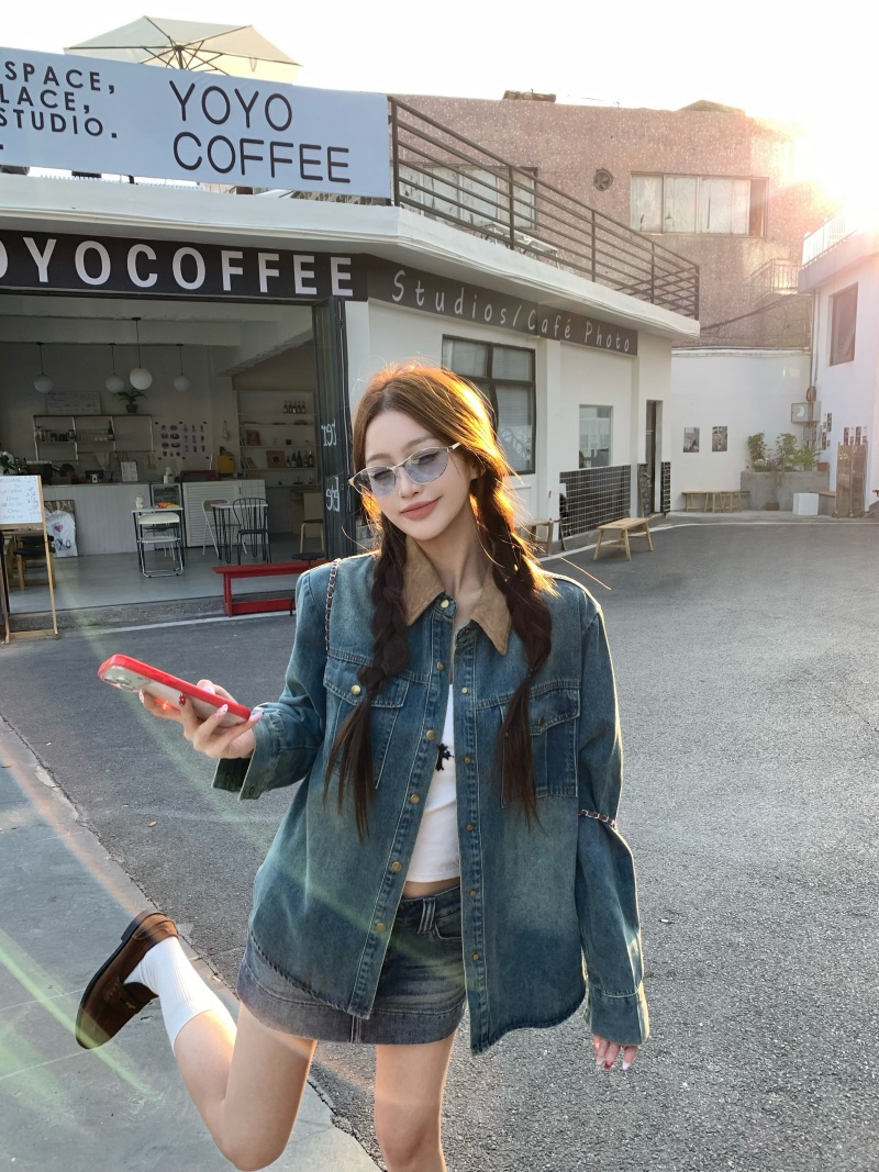 실사 정가 2026 봄 워싱 블루 패치워크 색상 칼라 레트로 데님 재킷 루즈핏 데님 셔츠 재킷