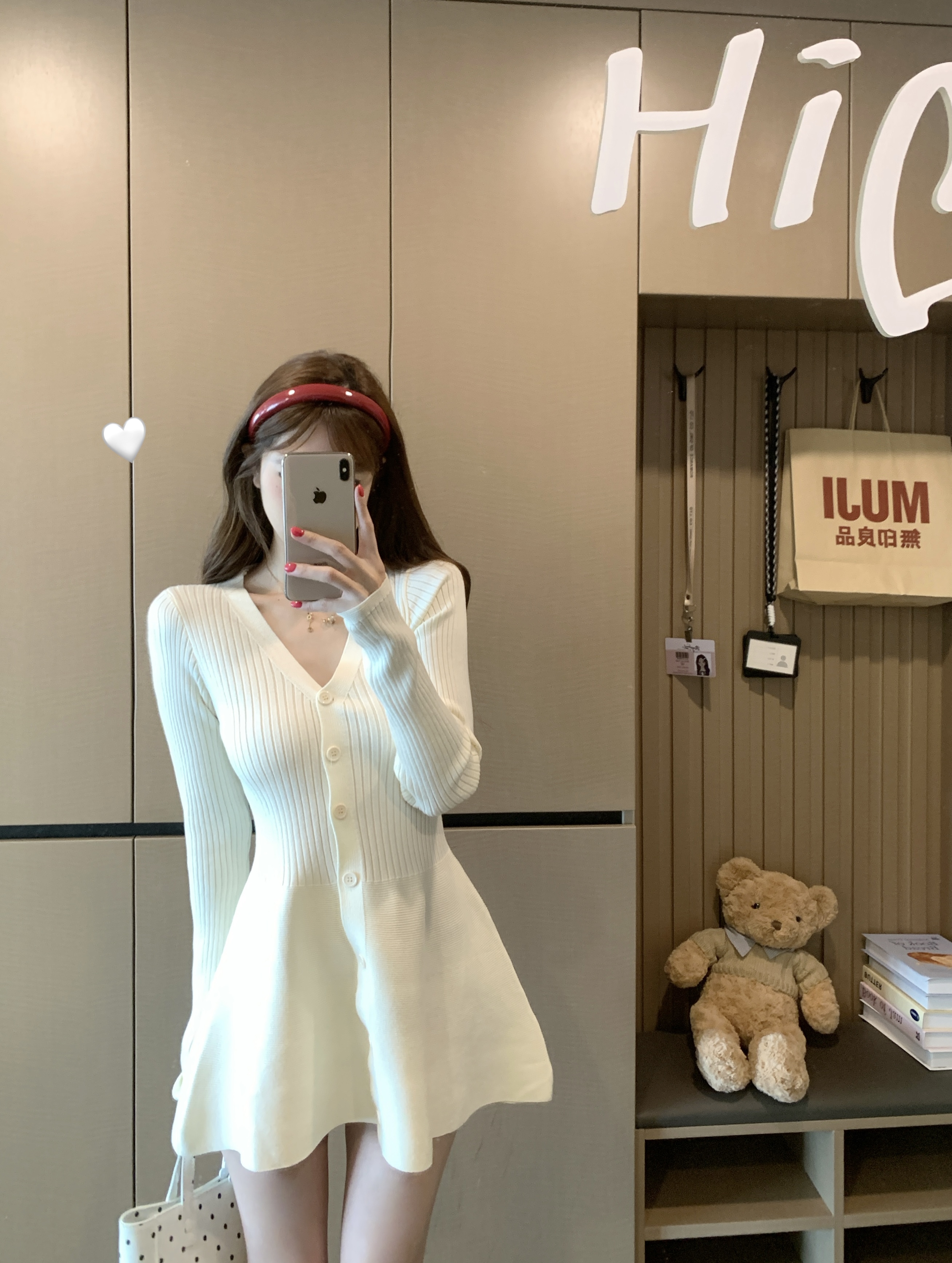 실사 정가 순수한 욕망 바람 V넥 긴팔 니트 드레스 가을 겨울 몸매 가꾸기 허리 수축 A라인 스커트 짧은 치마