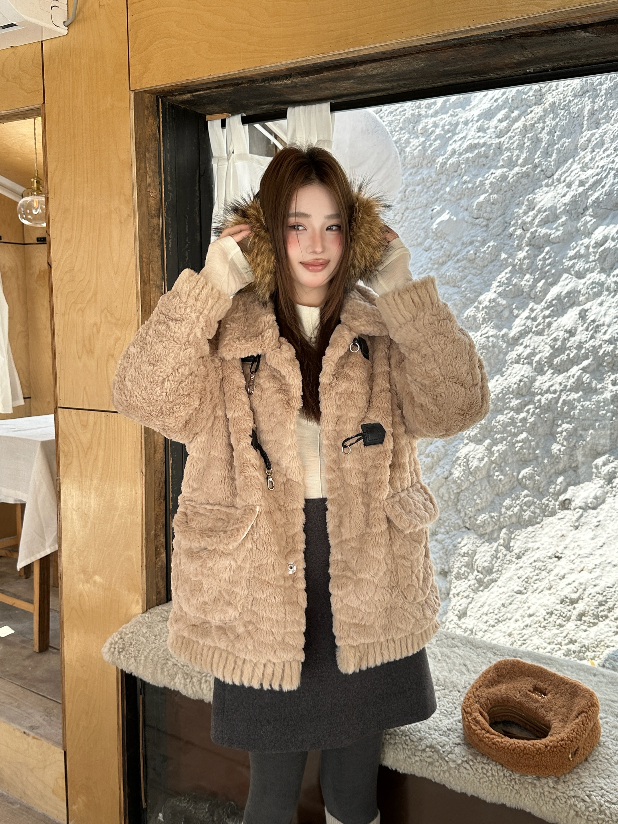 실사 정가 한 부서 폴로 칼라 달콤함 다용도 부드러운 fufu 모방 양털 여성 코트 플러스 코튼 코트 겨울