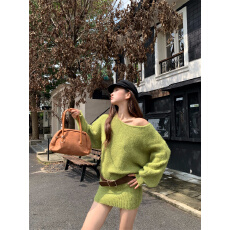 实拍实价 绿色斜肩长袖连衣裙女秋季气质辣妹收腰短裙