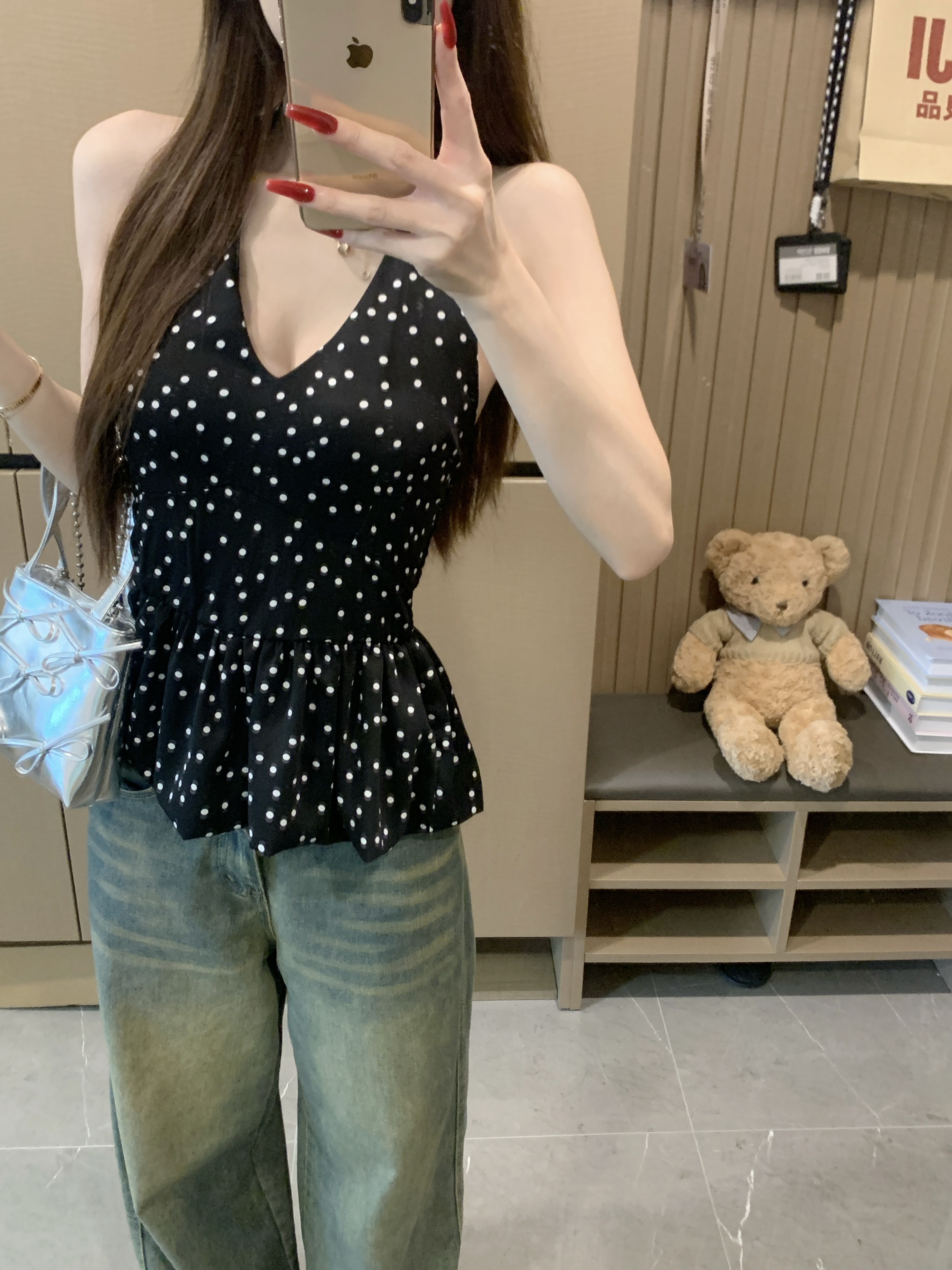 실사 정가 핫걸 바람 행침 목 도트 무늬 민소매 조끼 여성 의류 여름 새로운 V넥 몸매 가꾸기 꽃밭 맨위