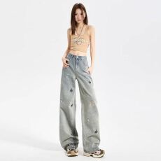 批发时尚感高质量百搭显瘦拖地裤美式复古显高<b class='q'>可爱</b>小狗设计牛仔裤