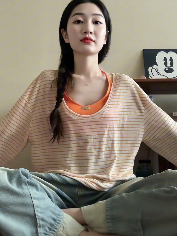 루즈핏 느긋한 스트라이프 자외선 차단 블라우스 여성 여름 주황색 행침 목 인사이드 가져 가라. 슬립 맨위 투피스 세트