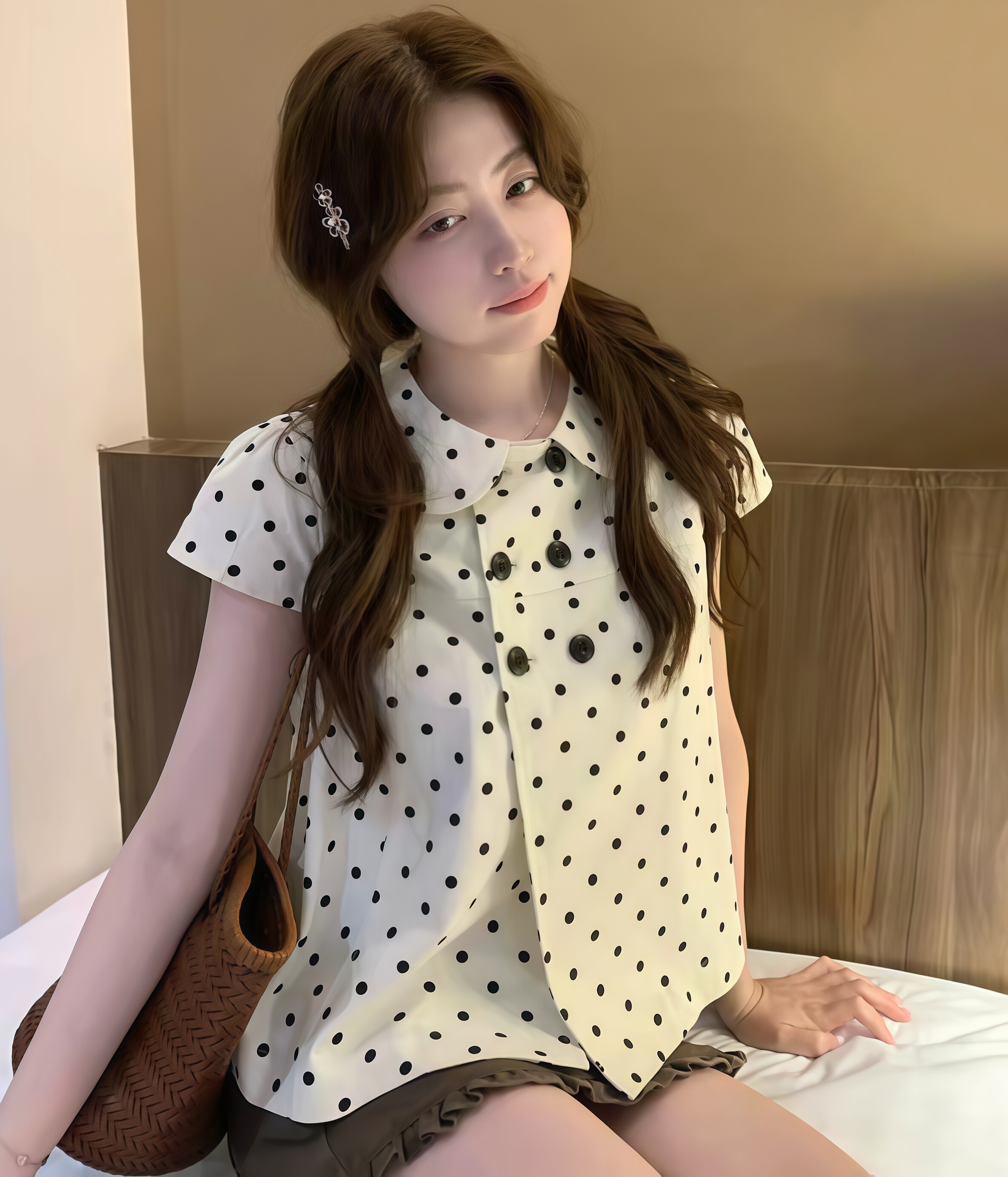 여름 새로운 프랑스식 이중 버튼 도트 무늬 블라우스 디자인 센스 외국 가스 장난기 넘치는 반팔 맨위