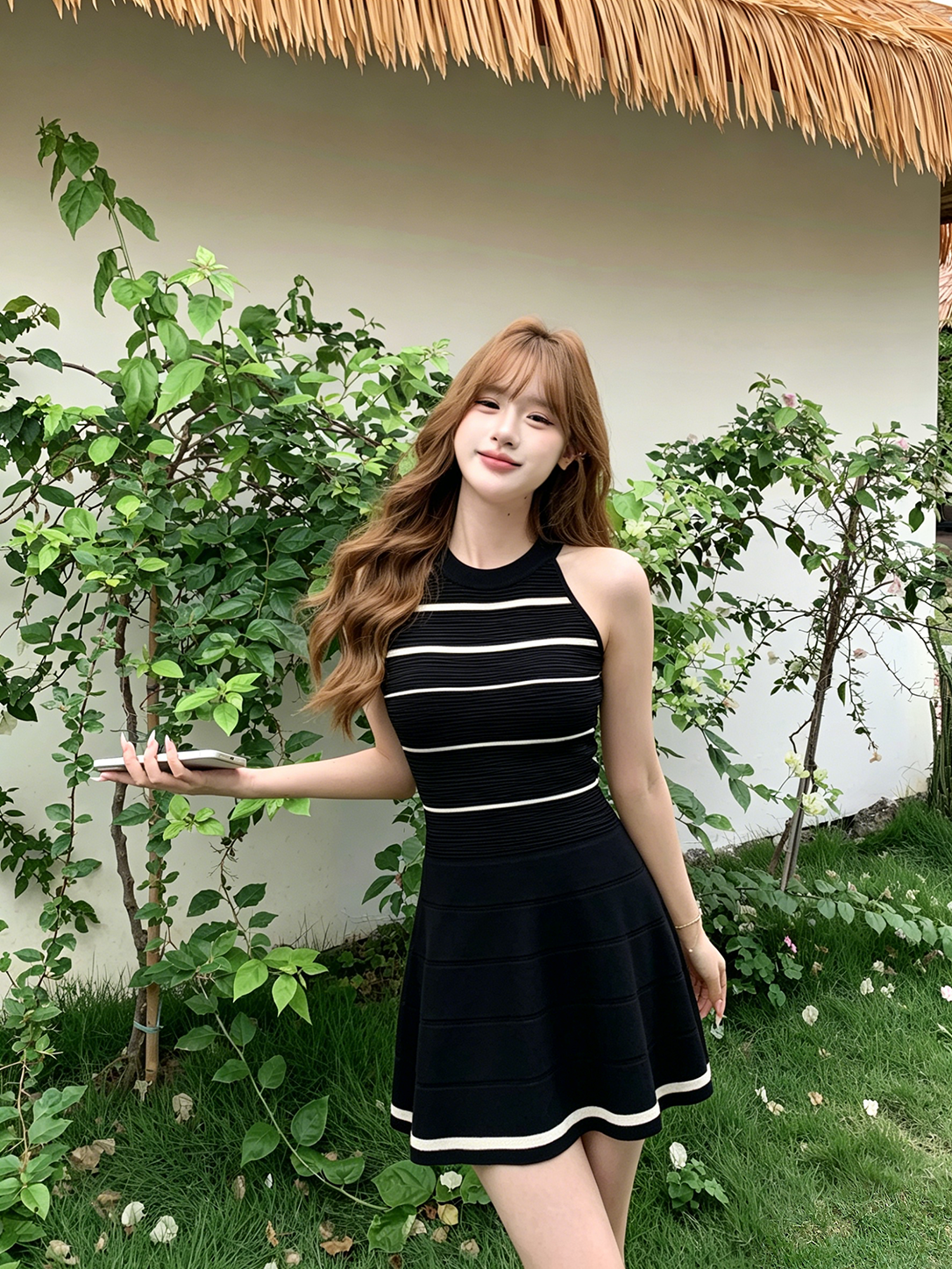 실사 정가 장 원 영어 같은 단락 민소매 여성 드레스 여름 고급 센스 품격 홀로우 아웃 허리 수축 치마