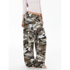 批发纯棉水印美式复古慵懒风抽绳迷彩工装休闲裤男女宽松阔腿长裤