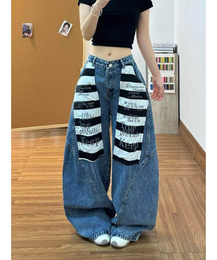 워싱 패치 배색 청바지 남녀 여름 디자인 센스 루즈핏 거리 캐주얼 모통이 칼 넓은 다리 길이 바지