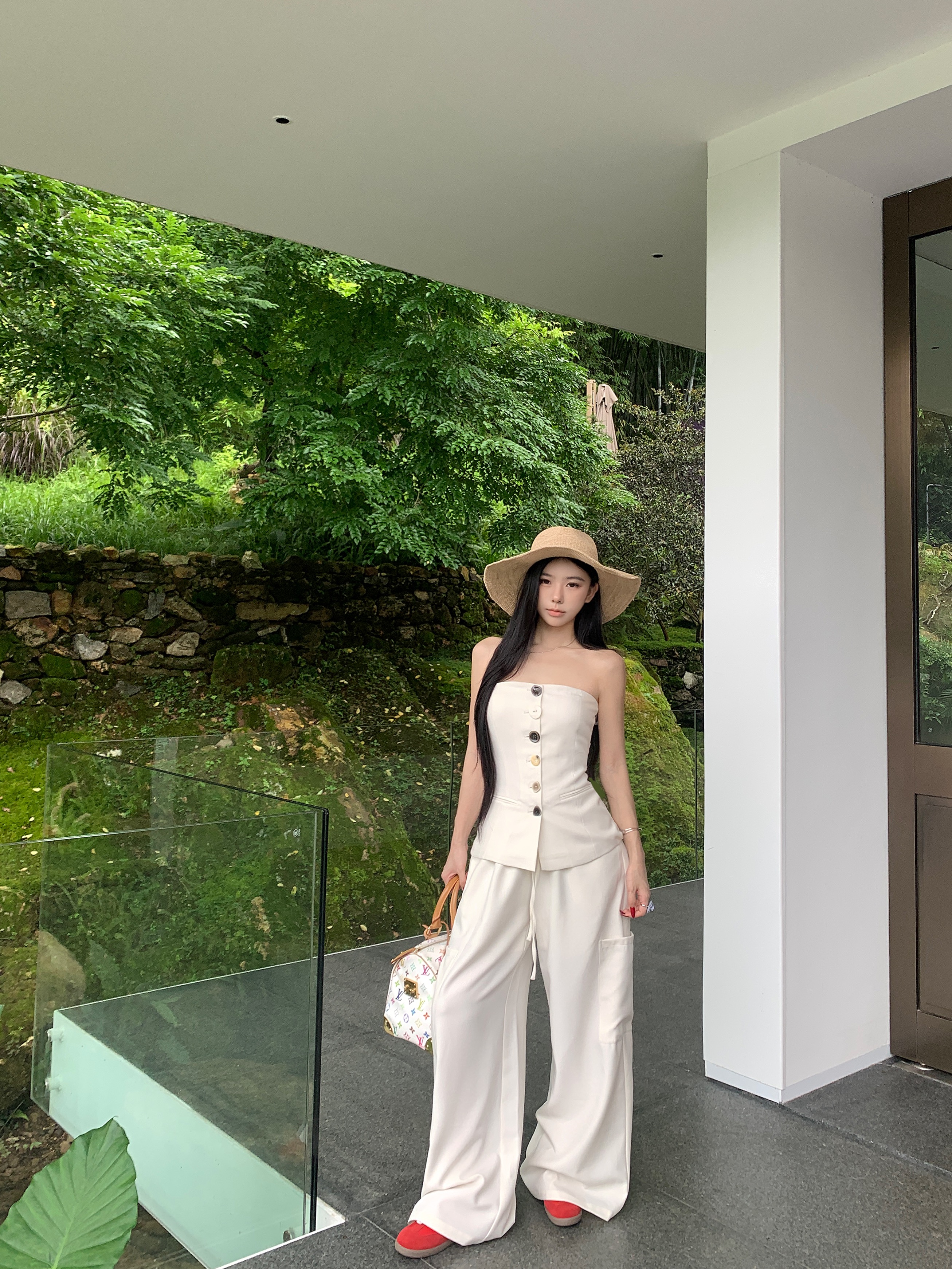 실사 정가 아마 혼합 모래 단추 품격 튜브탑 허리 수축 민소매 맨위 끈 캐주얼 와이드 레그 팬츠 세트