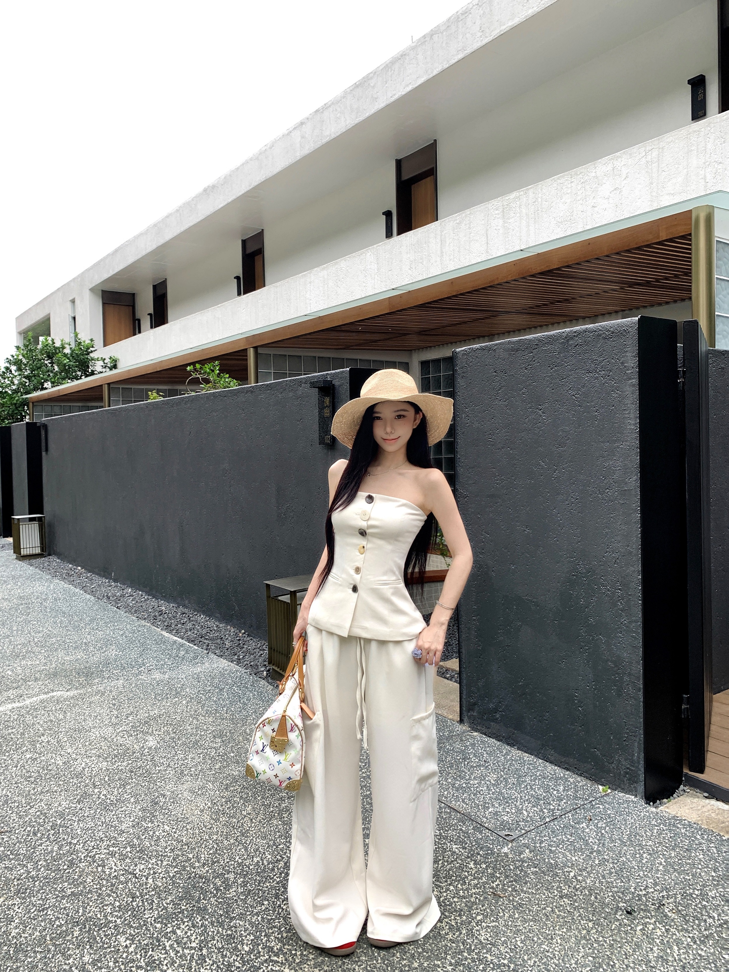 실사 정가 아마 혼합 모래 단추 품격 튜브탑 허리 수축 민소매 맨위 끈 캐주얼 와이드 레그 팬츠 세트