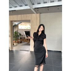 批发实拍实价职场御姐皱褶排扣短袖衬衫春夏中长款修身花边半身裙套装