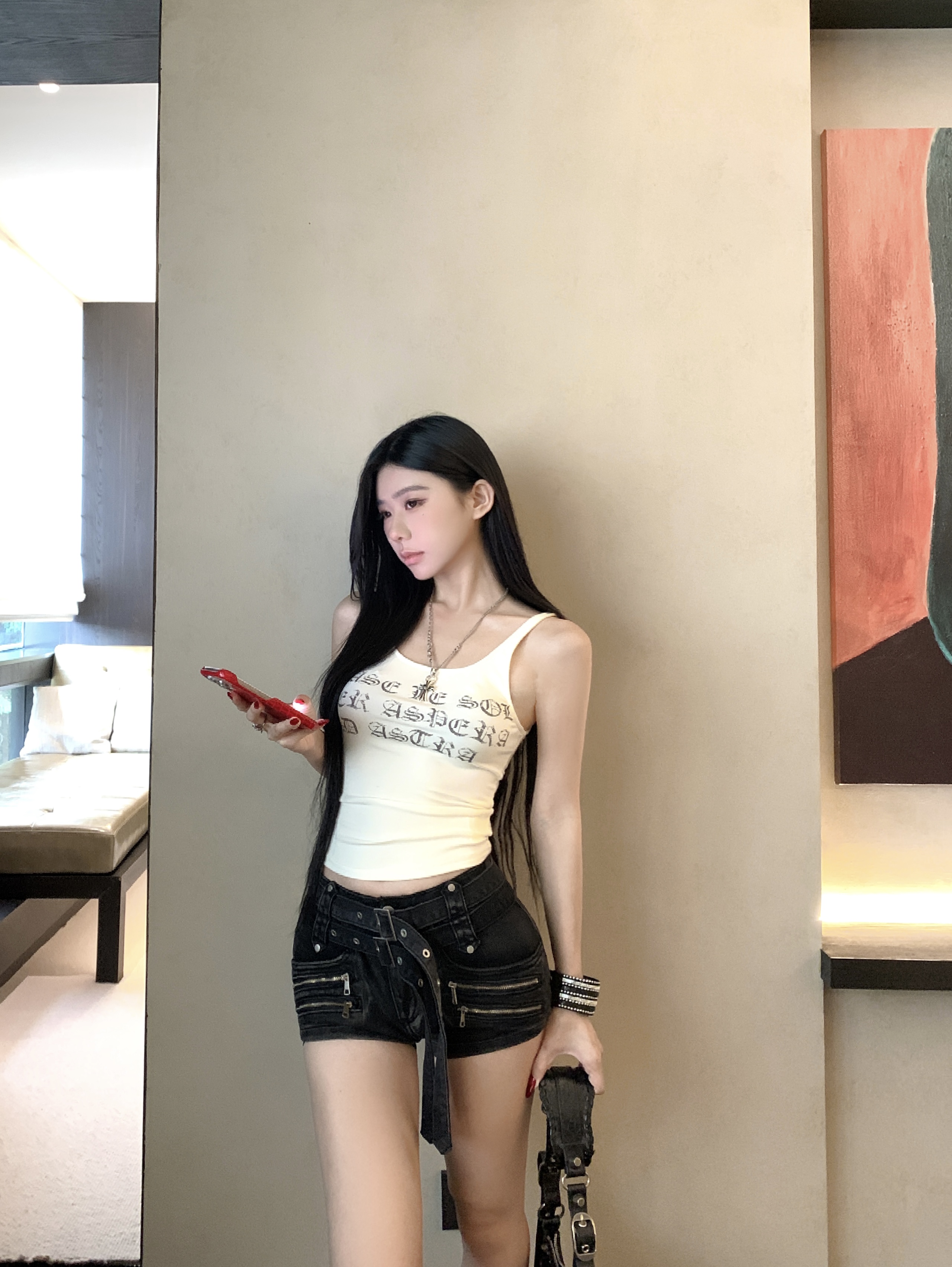 실사 정가 알파벳 프린트 캐미솔 디자인 센스 지퍼 패치워크 벨트 워크웨어 데님 반바지 세트