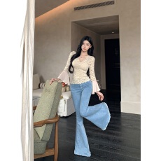 批发实拍实价 V领镂空蕾丝荷叶袖上衣修身大喇叭阔腿毛边牛仔<b class='q'>裤</b>套<b class='q'>装</b>