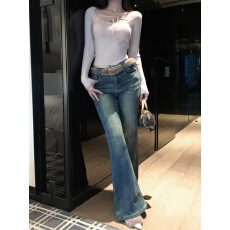 批发实拍实价 U领系带挂脖针织上衣腰带百搭加厚加绒微喇叭牛仔裤套装