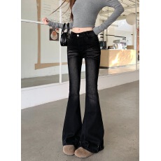 批发实拍实价 复古高街做旧水洗百搭显瘦弹力提臀修身微喇牛仔长裤