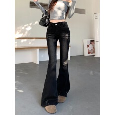 批发实拍实价 复古高街做旧水洗百搭显瘦弹力提臀修身微喇牛仔长裤