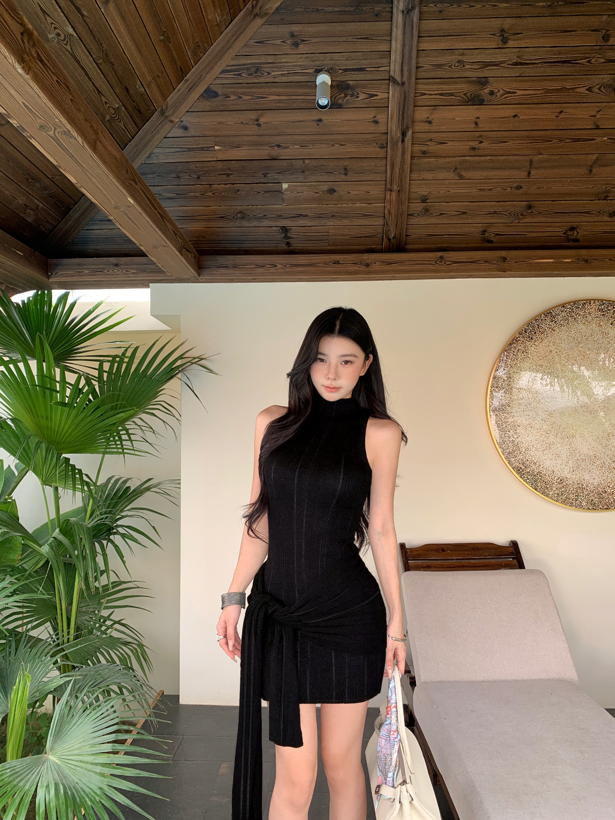 실사 정가 니트 반하이넥 행침 목 롱 스커트 새로운 품격 여름 디자인 센스 민소매 스트랩 드레스