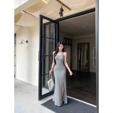 批发实拍实价 <b class='q'>修身</b>显瘦露背开叉长裙女夏季性感无袖挂脖包臀<b class='q'>连衣裙</b>